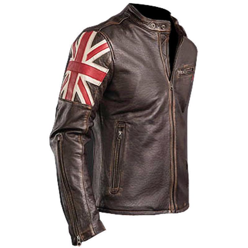UK Flag Cafe Racer Stylish Distressed Brown Biker Vintage Real Leather Men's Jacket Krizma 2020 M034