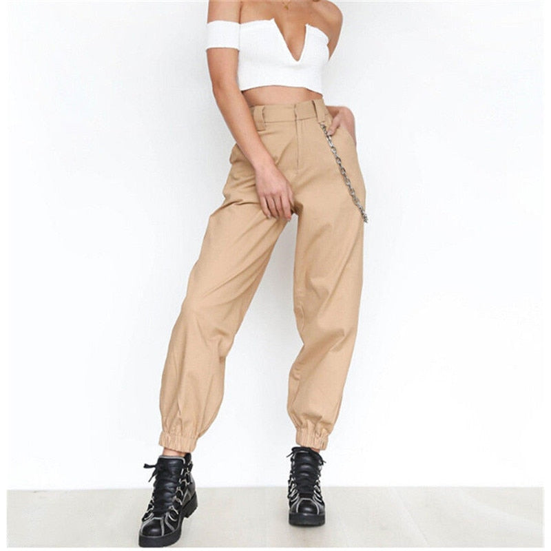 Meihuida Women's Cargo Trousers High Waist Safari Solid Punk Loose Long Sports Pants With Chain Hip Hop Cool Casual Pants