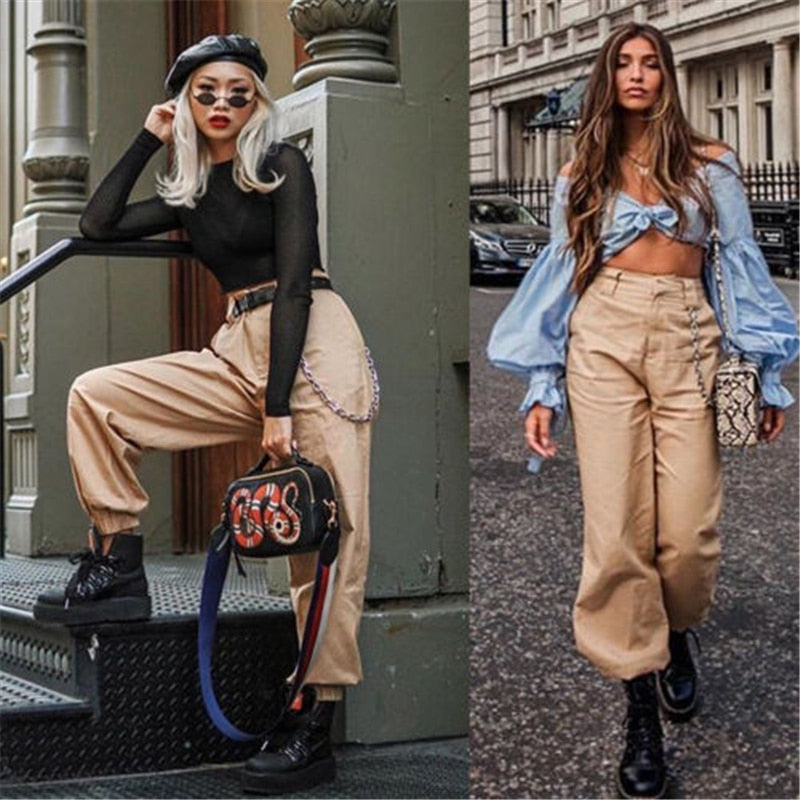 Meihuida Women's Cargo Trousers High Waist Safari Solid Punk Loose Long Sports Pants With Chain Hip Hop Cool Casual Pants