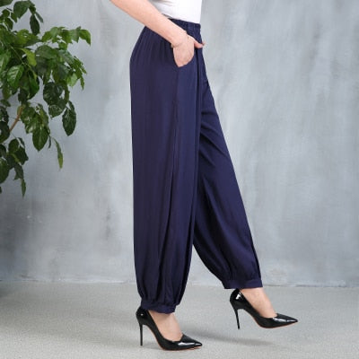 Plus Size XL-4XL Women's Ice Silk 8/10 Summer Pants Vintage Floral Printed  Wide Leg Female Trousers - AliExpress
