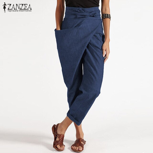Oversized Women's Harem Pants 2019 ZANZEA Elegant Pantalon Casual Long Palazzo Fashion Big Pockets Side Zipper Cropped Trousers